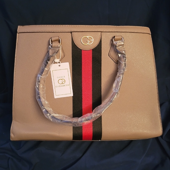 Grace Elizabeth Beige Handbag with Red and Black Stripe - Picture 1 of 3